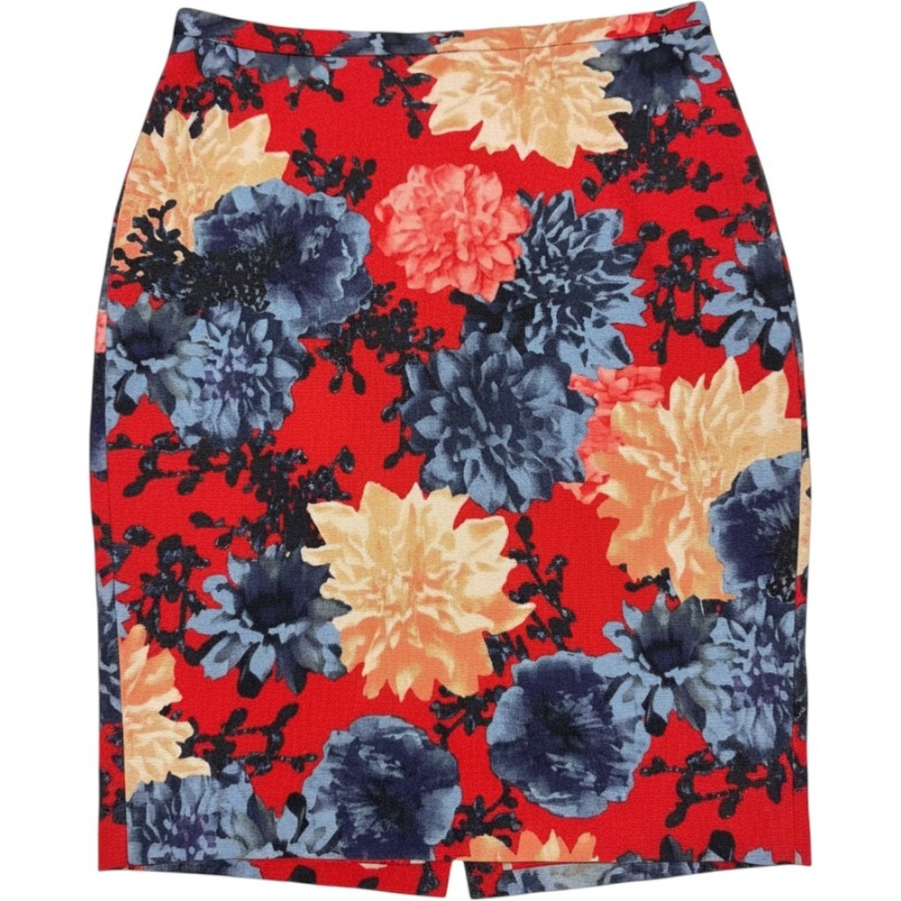 Talbots Red Floral Pencil Skirt Womens 8 Lyocell Cotton Knee Length Lined Office